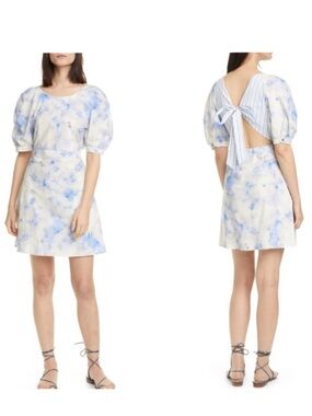 Baum und Pferdgarten Adalane Tie Back Puff Sleeve Minidress Blue White US 12 NWT